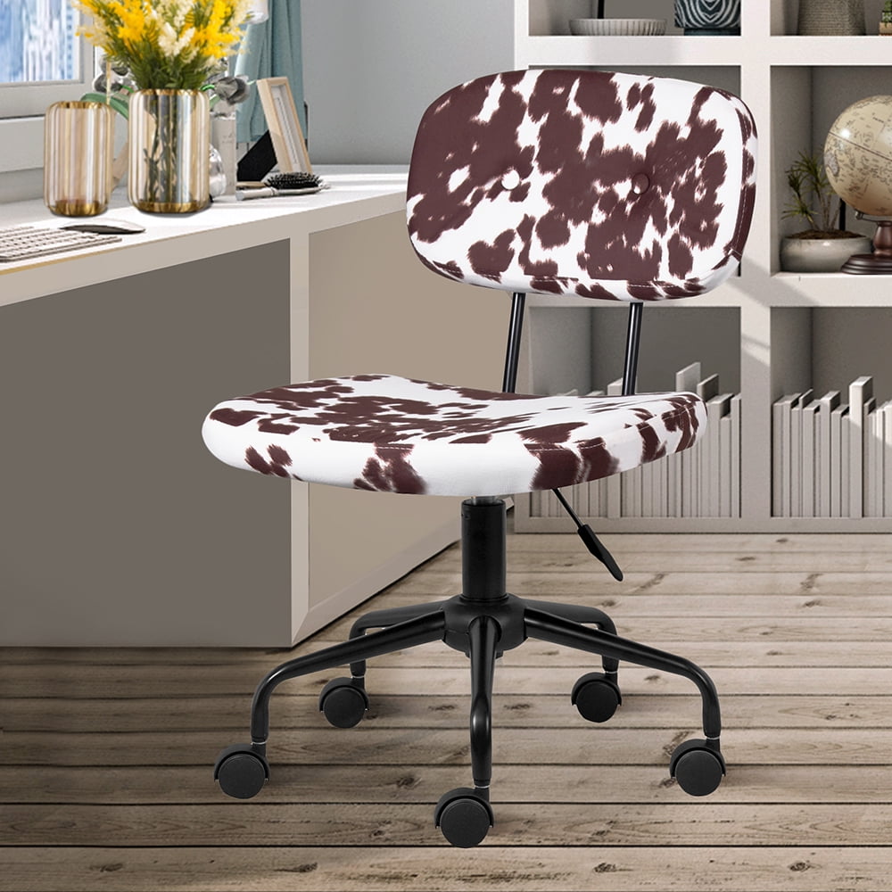 Leejay Retro Brown Cow Print Swivel Office Desk Chairs,Armless Adjustable Task Chair