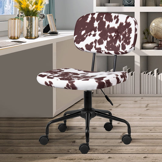 Leejay Retro Brown Cow Print Swivel Office Desk Chairs,Armless Adjustable Task Chair