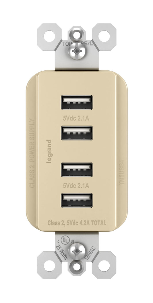 Legrand-Pass & Seymour TM8USB4ICC6 Quad USB Charger 4.2A Electrical Outlet, Ivory