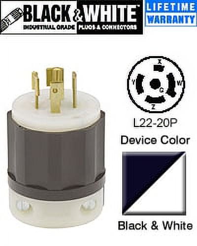 Leviton 2521 20 Amp, 277/480 Volt 3PY, NEMA L22-20P, 4P, 5W, Locking Plug, Industrial Grade, Grounding - Black-White