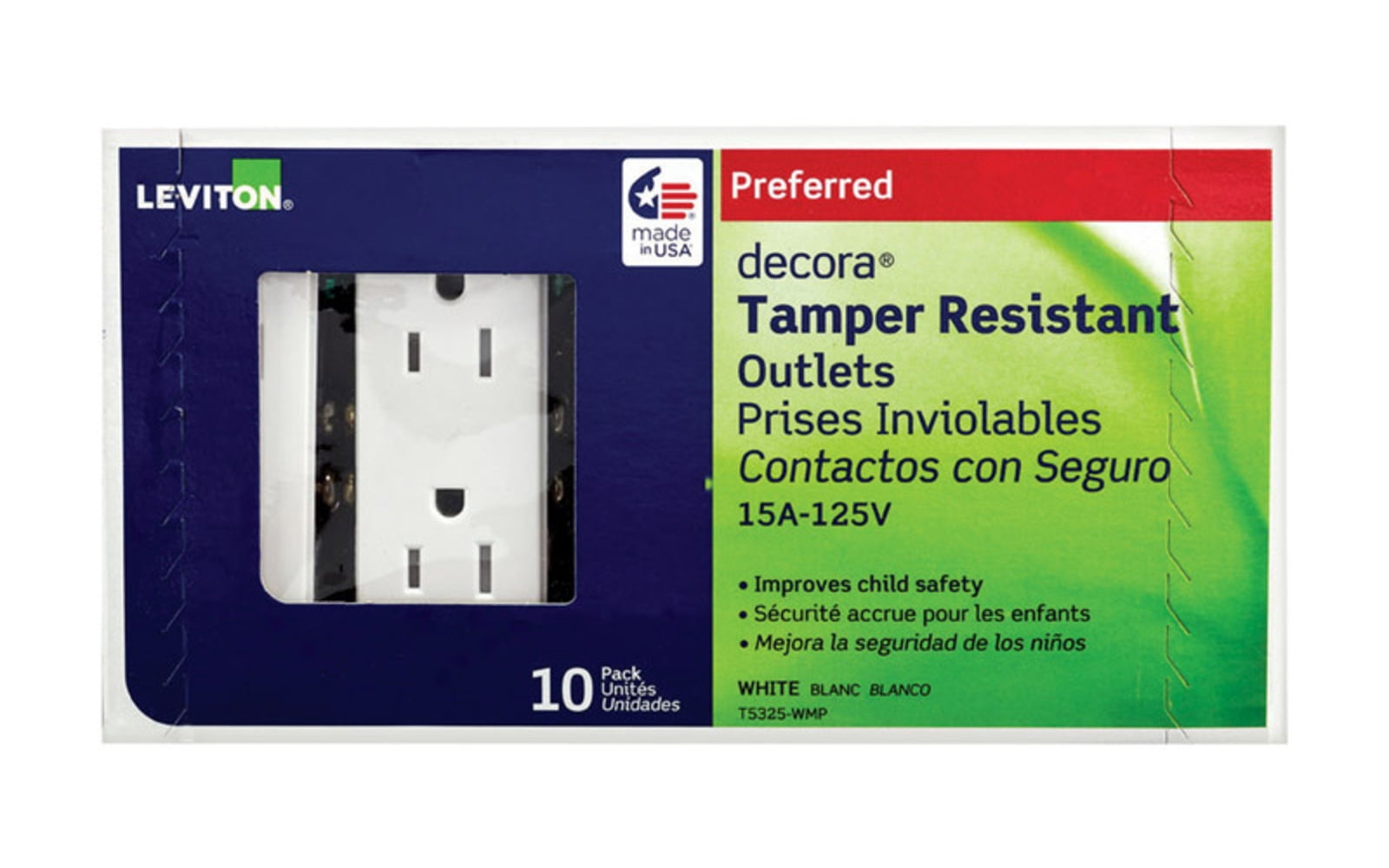 Leviton Decora 15A White Tamper Resistant 5-15R Duplex Outlet (10-Pack)