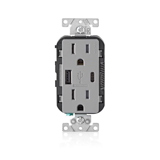 Leviton T5633-GY Decora USB Type-A/Type-C Wall Outlet Charger, 15A, Gray