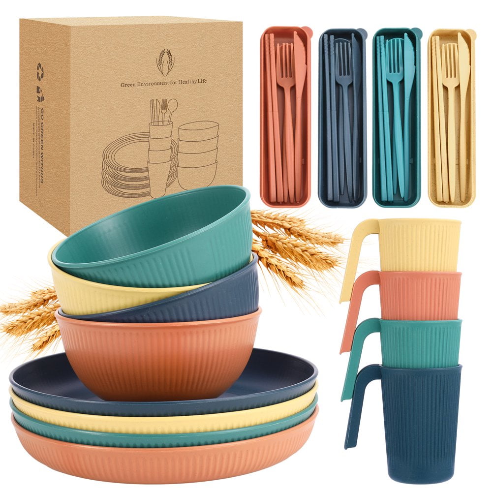 Lindbes Wheat Straw Dinnerware Sets  36 Piece Microwave & Dishwasher Safe Unbreakable Reusable Dinnerware Sets  Lightweight Plastic Travel Camping Cutlery Kitchen Plates Cups and Bowls Se