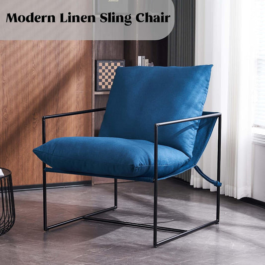 Linen Sling Chair Indoor Modern Accent Chair with Two Removable Soft Cushion Industrial Style Chair with Metal Frame Comfy Chair for Living Room Lounge Bedroom Modern Metal Arm Chair, Blue