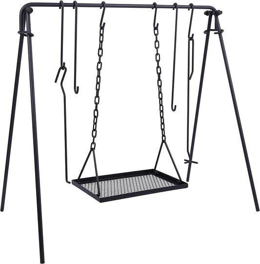 Lineslife Campfire Cooking Stand for BBQ Picnic, Swing Hanging Grill for Fire Pit with Dutch Oven Lid Lifter & Hooks