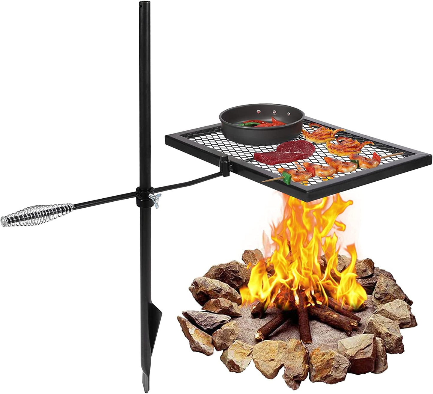 Lineslife Swivel Campfire Grill, Adjustable Heavy Duty Steel Grate Camp Grill with Carry Bag for Outdoor Cooking