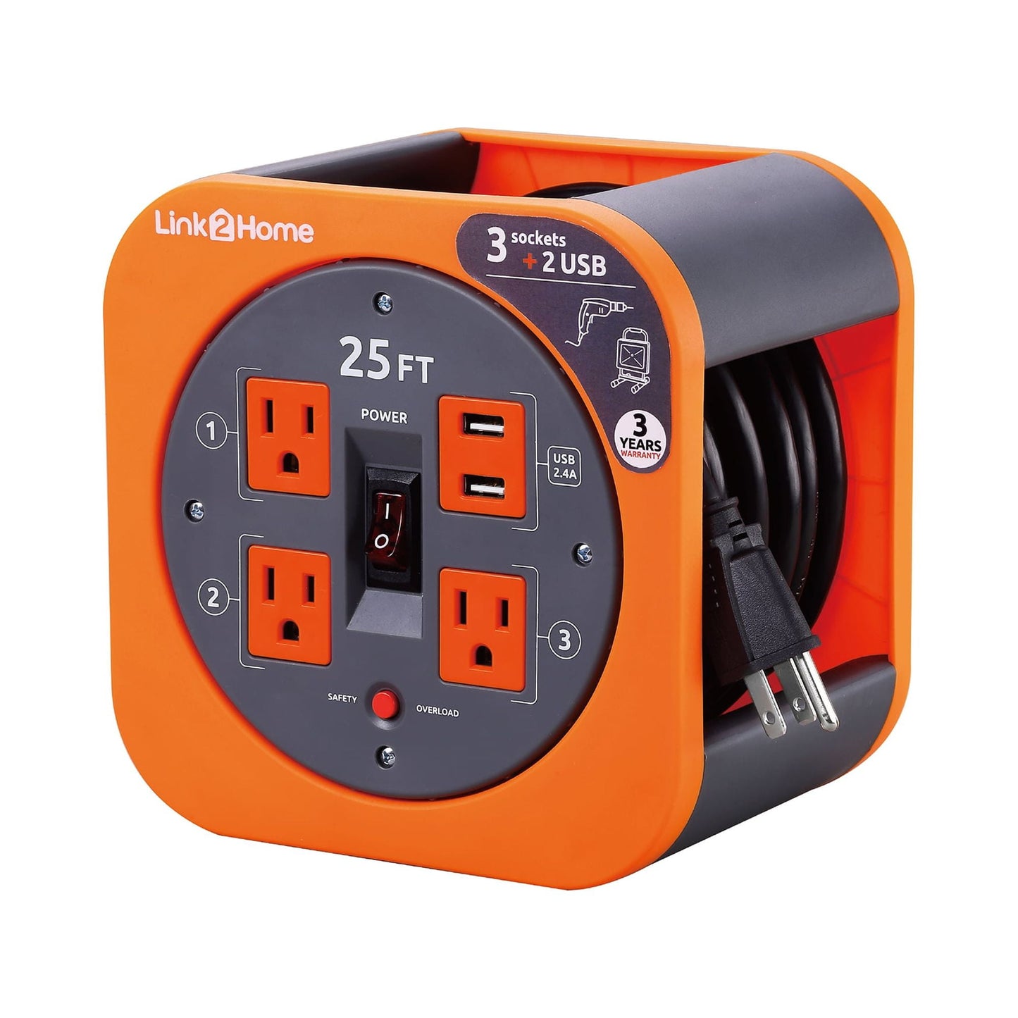 Link2Home Cord Reel 25 ft. Extension Cord 3 Power Outlets, 2 USB Ports, 2.4A Fast Charge – 16 AWG SJT Cable.