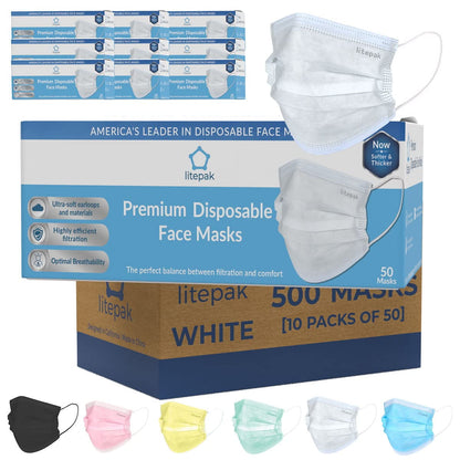 Litepak 500 PCS Premium Disposable Face Mask SOFT 3ply Nose Wire - White