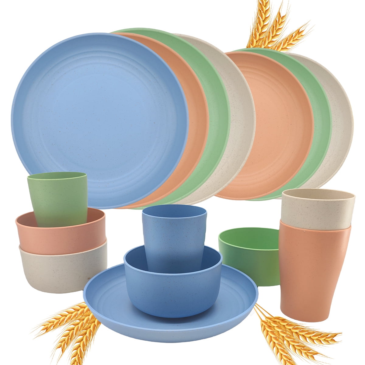 Logianis Wheat Straw Dinnerware Logianis Unbreakable Reusable Microwave Plates and Bowls Sets 16 Piece Colorful