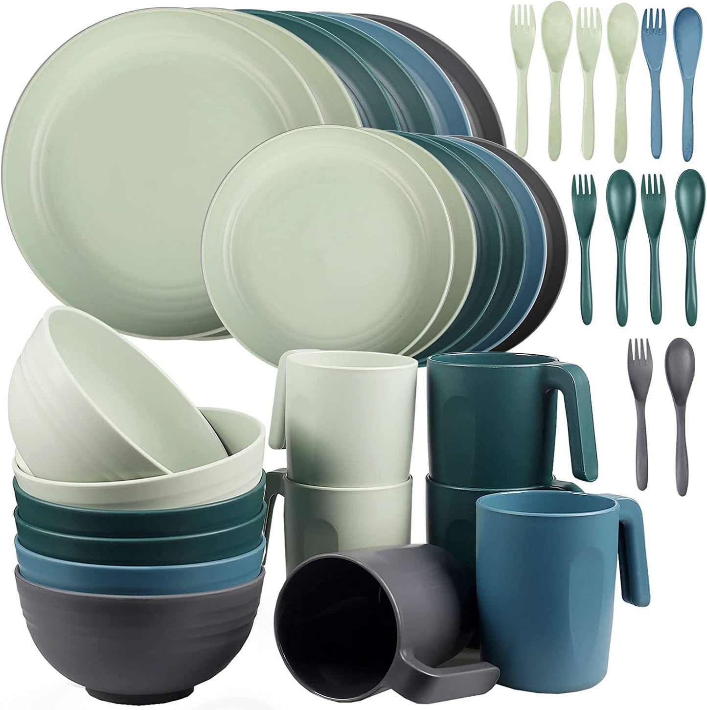 Loobuu Plastic Dinnerware Sets (36PCS) - Lightweight & Unbreakable Dinnerware Set - Microwave Safe Plates Set, Bowls, Cups Mugs, Service for 6, Great for Adult (Multicolor)