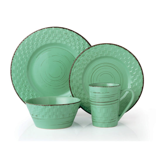 Lorren Home Trends 16 Piece Distressed Weave Dinnerware Set-Green