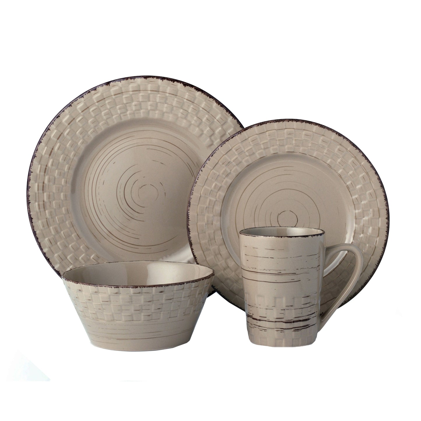 Lorren Home Trends 16 Piece Distressed Weave Dinnerware Set-Mocca