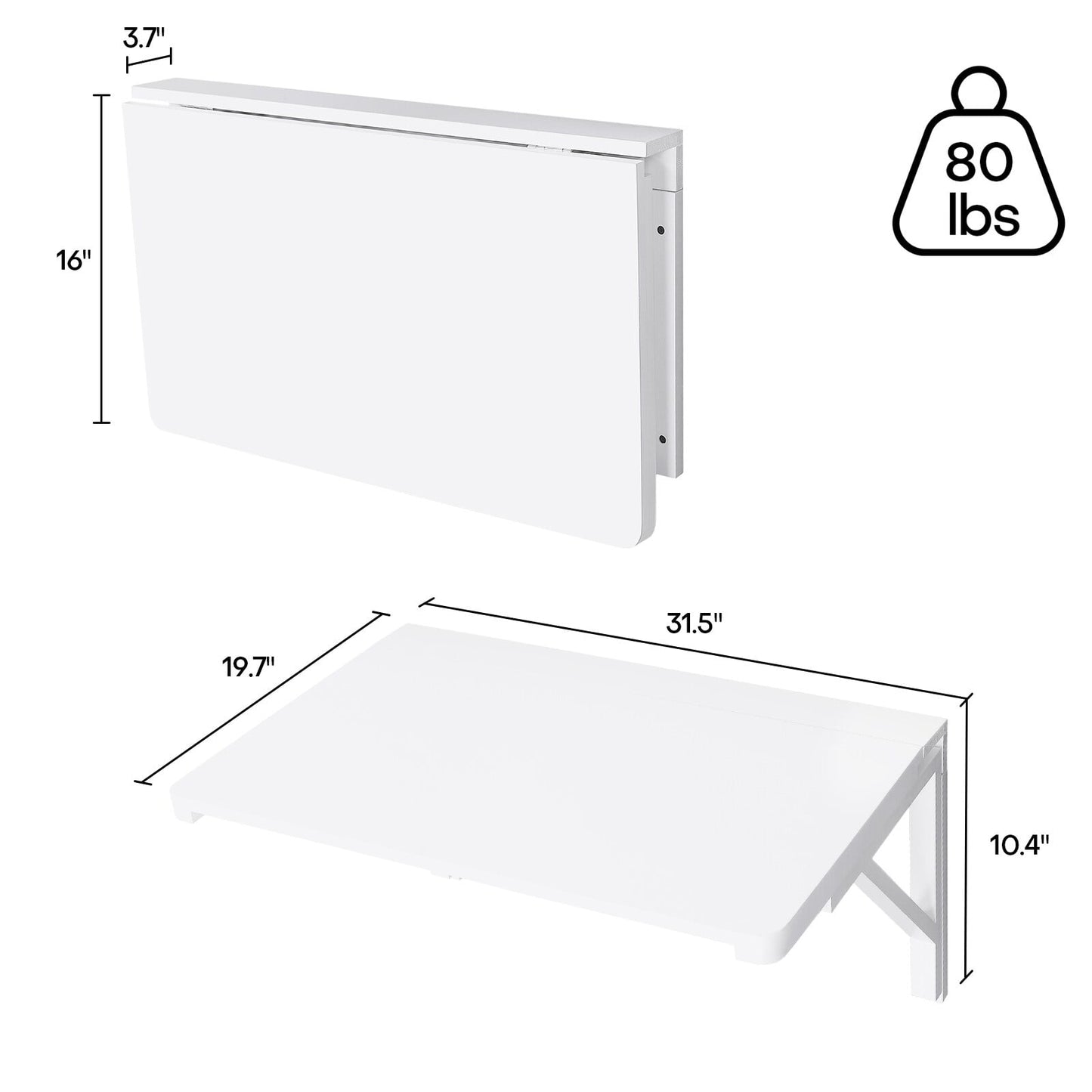 Lucky Monet Multifunctional Wall Mounted Wooden Folding Desk White 10.4"Hx23.6"Wx15.7"D