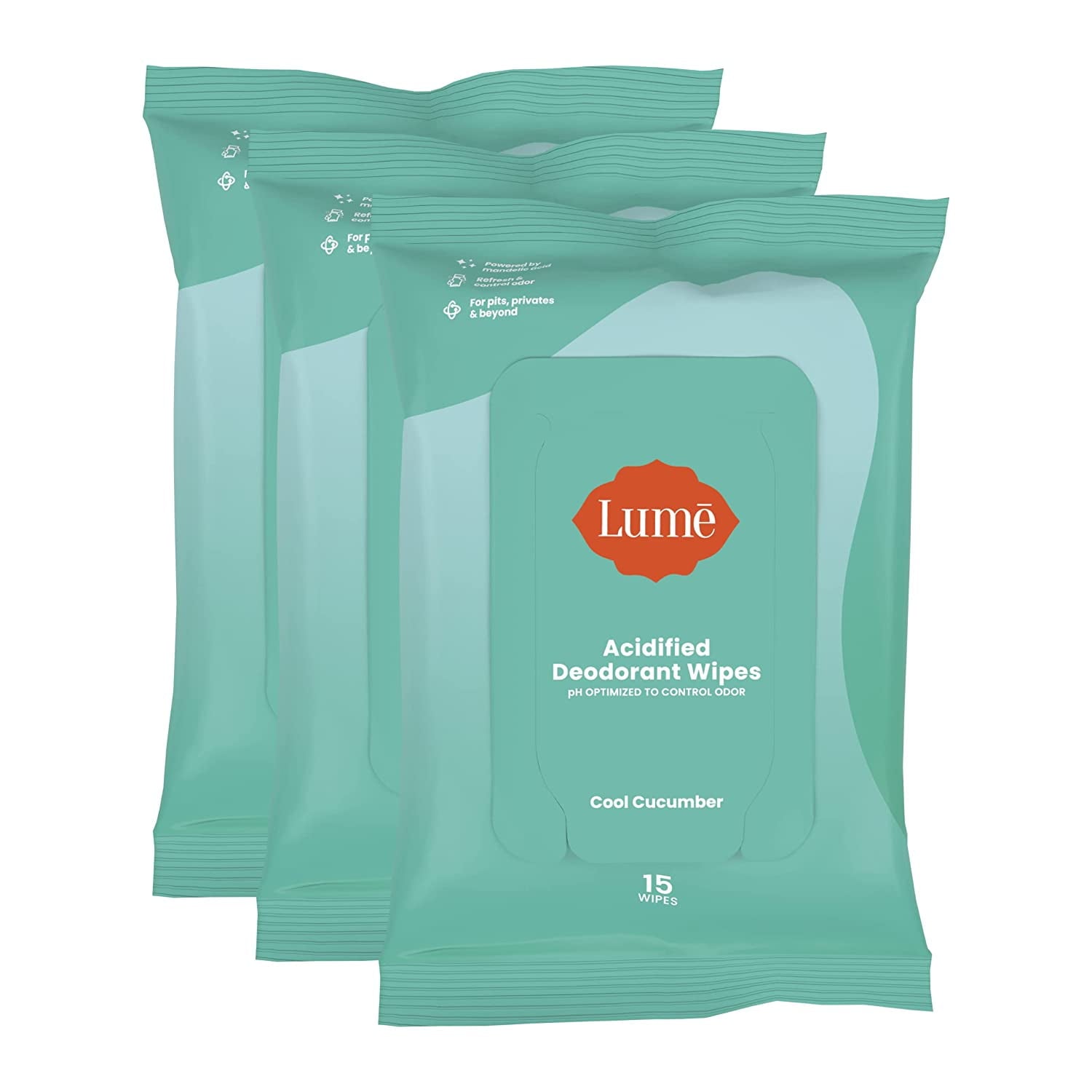 Lume Acidified Deodorant Wipes - 24 Hour Odor Control - Aluminum Free, Baking Soda Free, Skin Safe - 15 Count (Pack of 3) (Cool Cucumber)