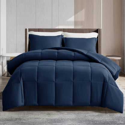 Lux Decor Collection Quilted Comforter All Season Down Alternative Reversible Fluffy Ultra Soft Duvet Insert (Queen, Navy Blue)