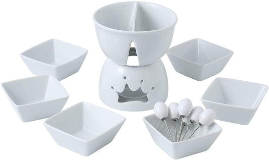 MALACASA, Series Favor, Two Compartments Ivory White Ceramic Porcelain Tealight Candle Cheese Butter Chocolate Fondue Set with 6 Dipping Bowls 6 Forks