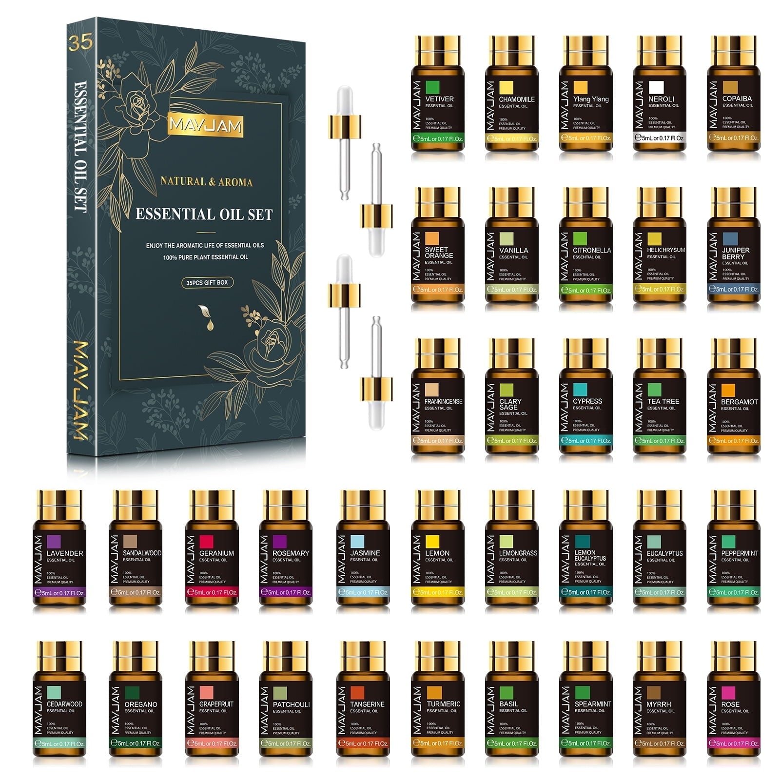 MAYJAM 35x5ml Essential Oils Set, Pure Natural Essential Oils for Diffusers, Humidifiers, Massages, Aromatherapy, Candle Making, Skin & Hair Care