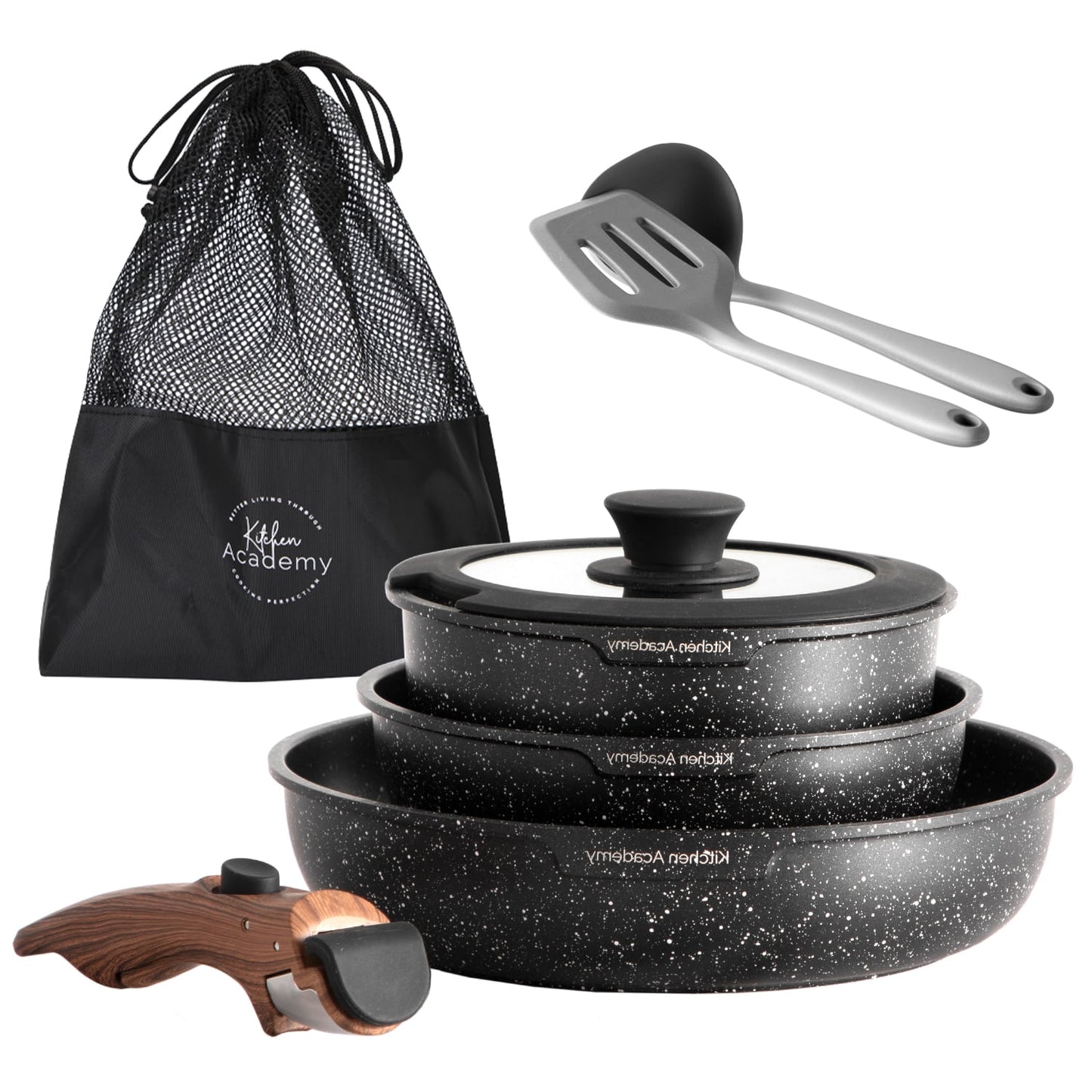 MF Studio 8 Pieces Cookware Set Granite Nonstick Pots and Pans with Removable Handle Black