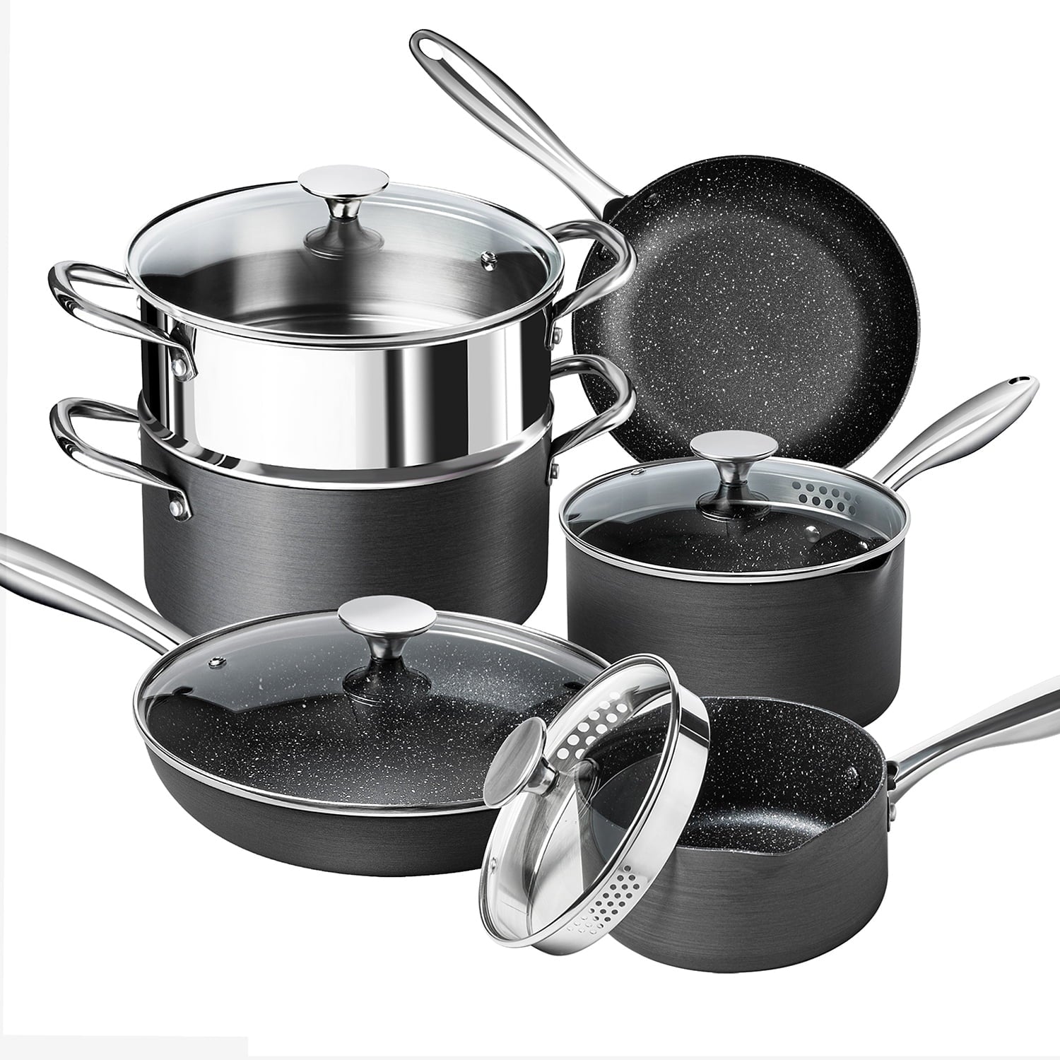 MICHELANGELO Pots and Pans Set Nonstick, Pro. Series Nonstick Hard Anodized Cookware Sets with Stone Interior, Stone Pots and Pans with Straining Lid & Pour Spout, Kithcen Cookware Sets 10Pcs