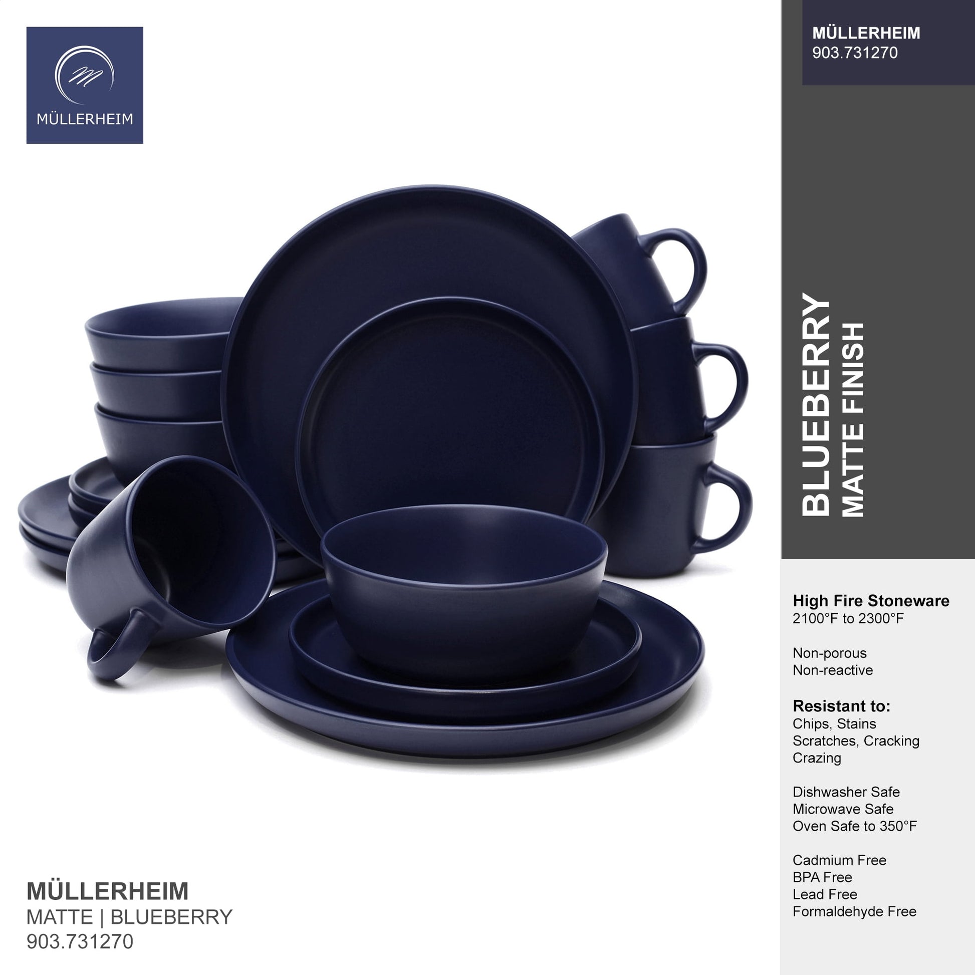 MULLERHEIM 903 Collection 16-Piece Contemporary Ceramic Stoneware Dinnerware Set, Matte Dark Blue, Service for 4, Dishwasher and Microwave Safe, Lead-Free, Dinner Plates, Salad Dish, Bowls, Mugs