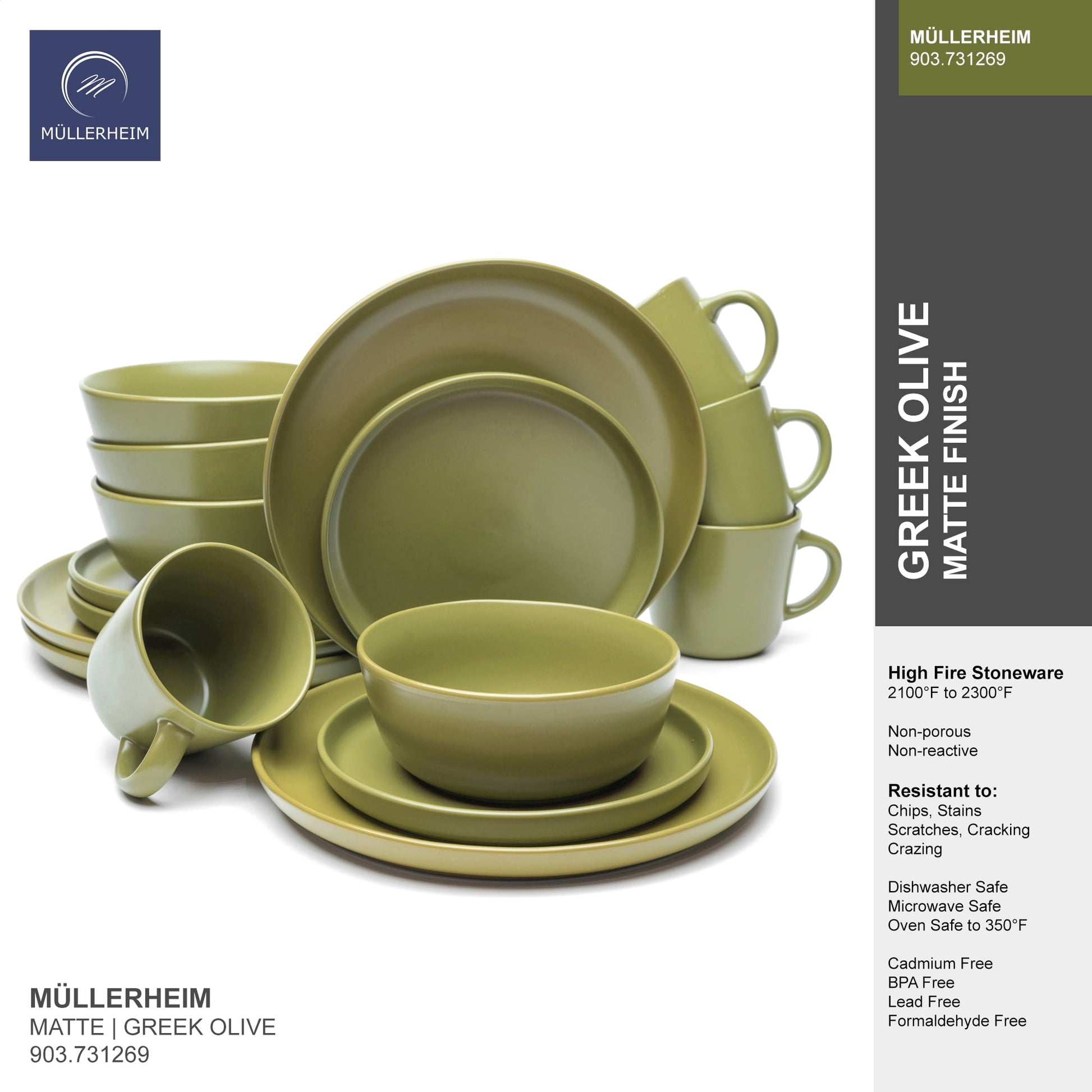 MULLERHEIM 903 Collection 16-Piece Contemporary Ceramic Stoneware Dinnerware Set, Matte Olive Green, Service for 4, Dishwasher and Microwave Safe, Lead-Free, Dinner Plates, Salad Dish, Bowls, Mugs