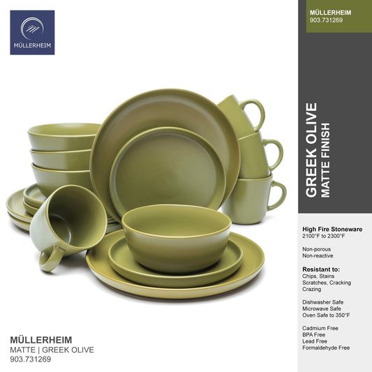 MULLERHEIM 903 Collection 16-Piece Contemporary Ceramic Stoneware Dinnerware Set, Matte Olive Green, Service for 4, Dishwasher and Microwave Safe, Lead-Free, Dinner Plates, Salad Dish, Bowls, Mugs