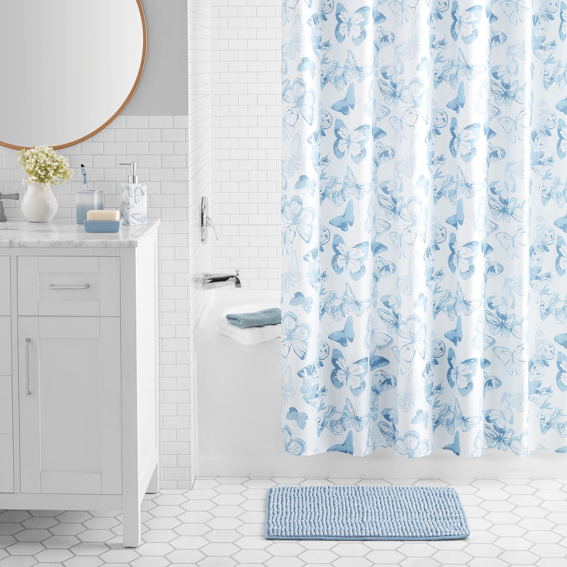 Mainstays 17-Piece Butterfly Polyester/Ceramic Shower Curtain & Bathroom Accessory Set, Blue & White