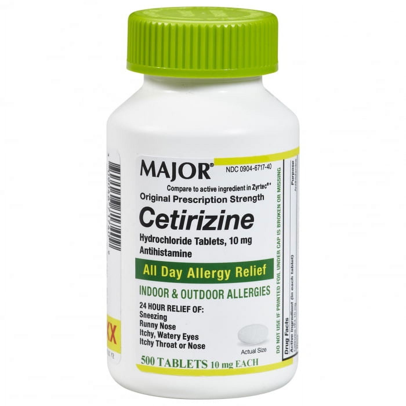 Major Cetirizine Hydrochloride Antihistamine Tablets Allergy Relief Throat Remedies, 10 mg, 500 ct