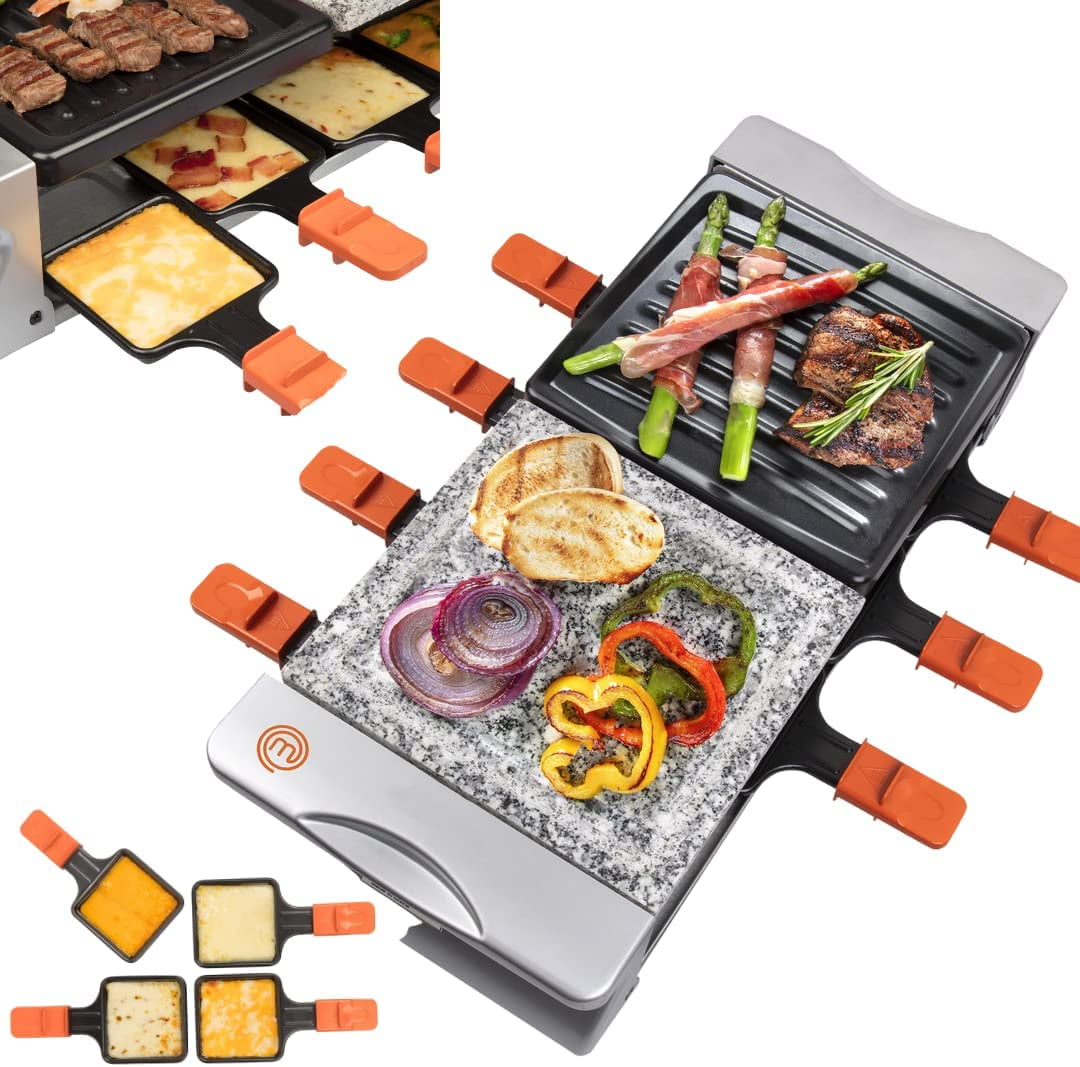 MasterChef Dual Cheese Raclette Table Grill w Non-stick Grilling Plate and Cooking Stone- Deluxe 8 Person Electric Tabletop Cooker- Melt Cheese and Grill Meat and Vegetables at Once- 19" x 8" x 4.5"