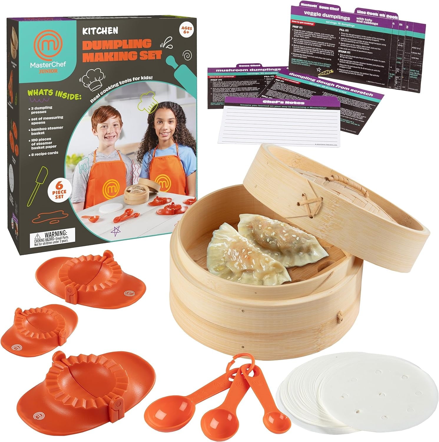 MasterChef Junior Dumpling Making Set- 5 Pc Kit- Real Cookware for Kids Includes Recipes Steamer Basket Mold Press Measuring Spoons Steamer Paper, Homemade Cooking Party for Dim Sum Soups Chinese Food