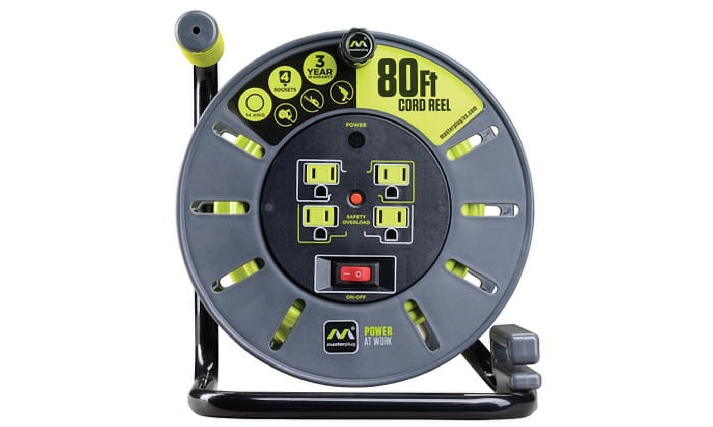 Masterplug 80ft Extension Cord Reel with four shuttered powered outlets and a super comfortable ridged handle.