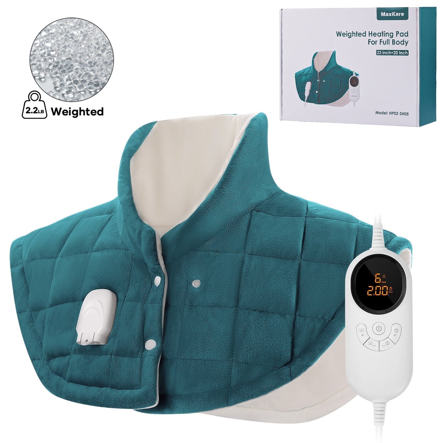 MaxKare 23"x20" Weighted Heating Pad with 6 Heat Settings & 4 Timer Setting for Neck & Shoulders Stress Relief -Green