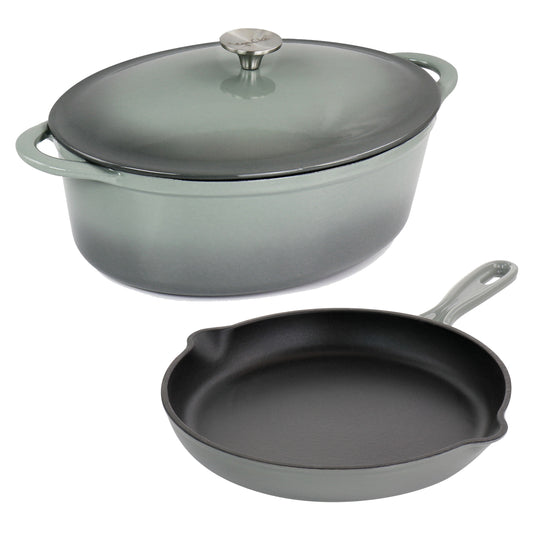 MegaChef 7 Quart Enameled Cast Iron Casserole and 10.25 Inch Skillet in Gray