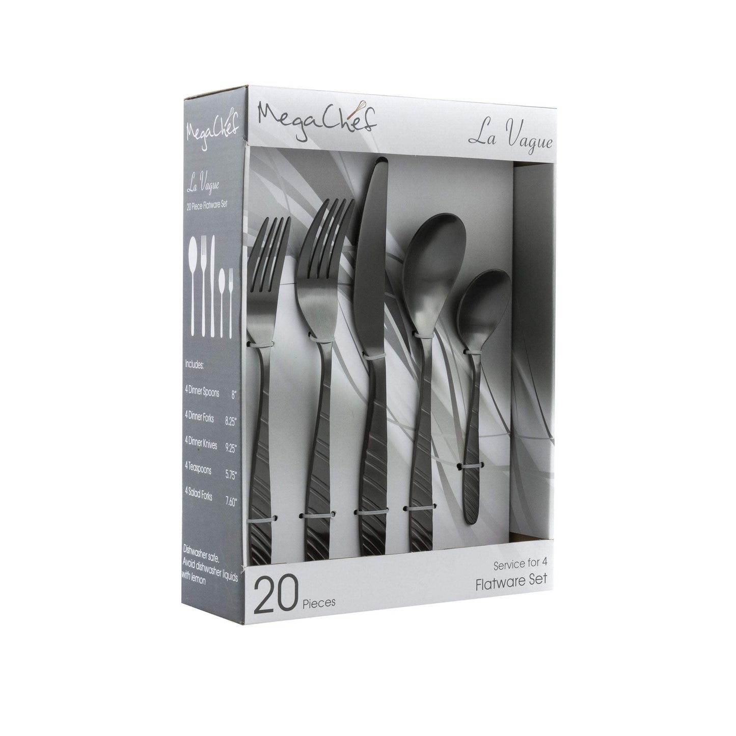 MegaChef La Vague 20-Piece Stainless-Steel Flatware Set, Matte Black