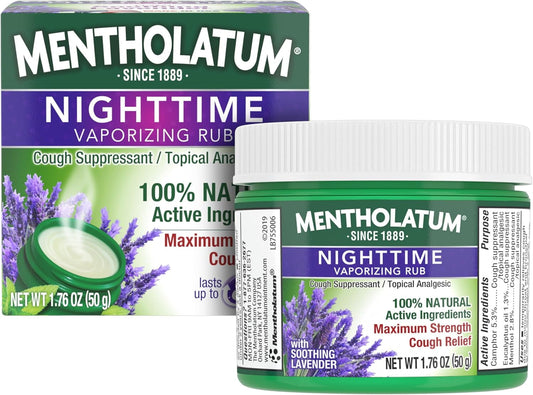 Mentholatum Nighttime Vaporizing Rub with soothing Lavender essence, 1.76 oz. (50 g) - 100% Natural Active Ingredients for Maximum Strength Cough Relief,5326