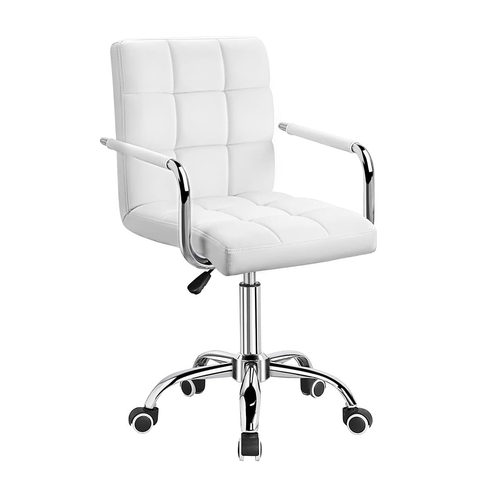 Mid-Back Office Task Chair Ribbed Leather Executive Modern Adjustable Home Desk Retro Comfortable Work Chair 360 Degree Swivel with Arms (White)