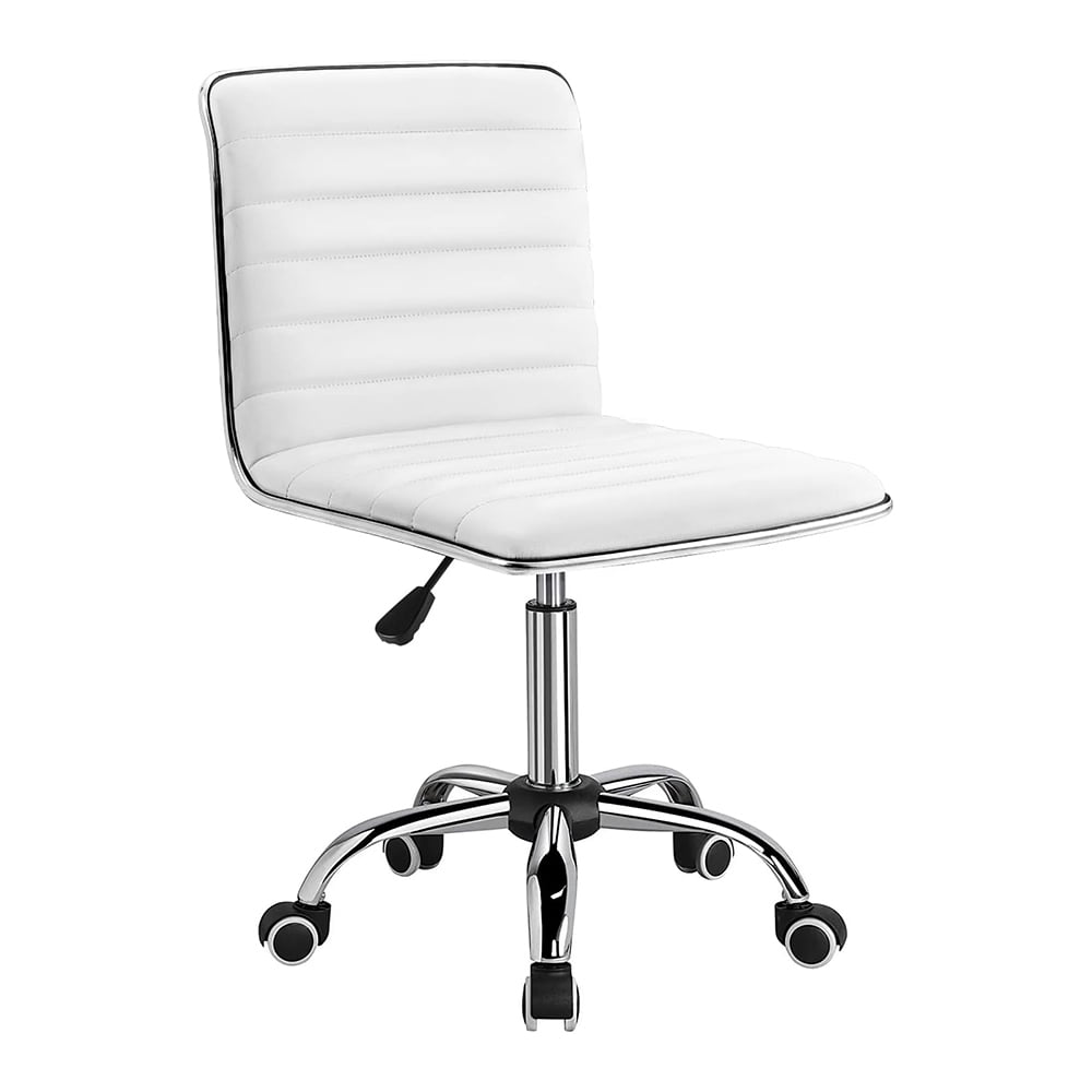 Mid Back Vanity Chair for Makeup Room, Low Back Leather Swivel Computer Desk Chair, Task and Office Chair Retro with Armless Ribbed (White)