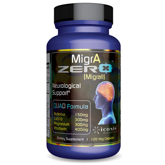 MigrA Zero - Migraine Relief, Quad-Formula with PA-Free Butterbur (150mg), CoQ10 (300mg), Magnesium Glycinate (300mg), High-Dose Riboflavin (400mg) - Optimal Dosing for Migraine Sufferers