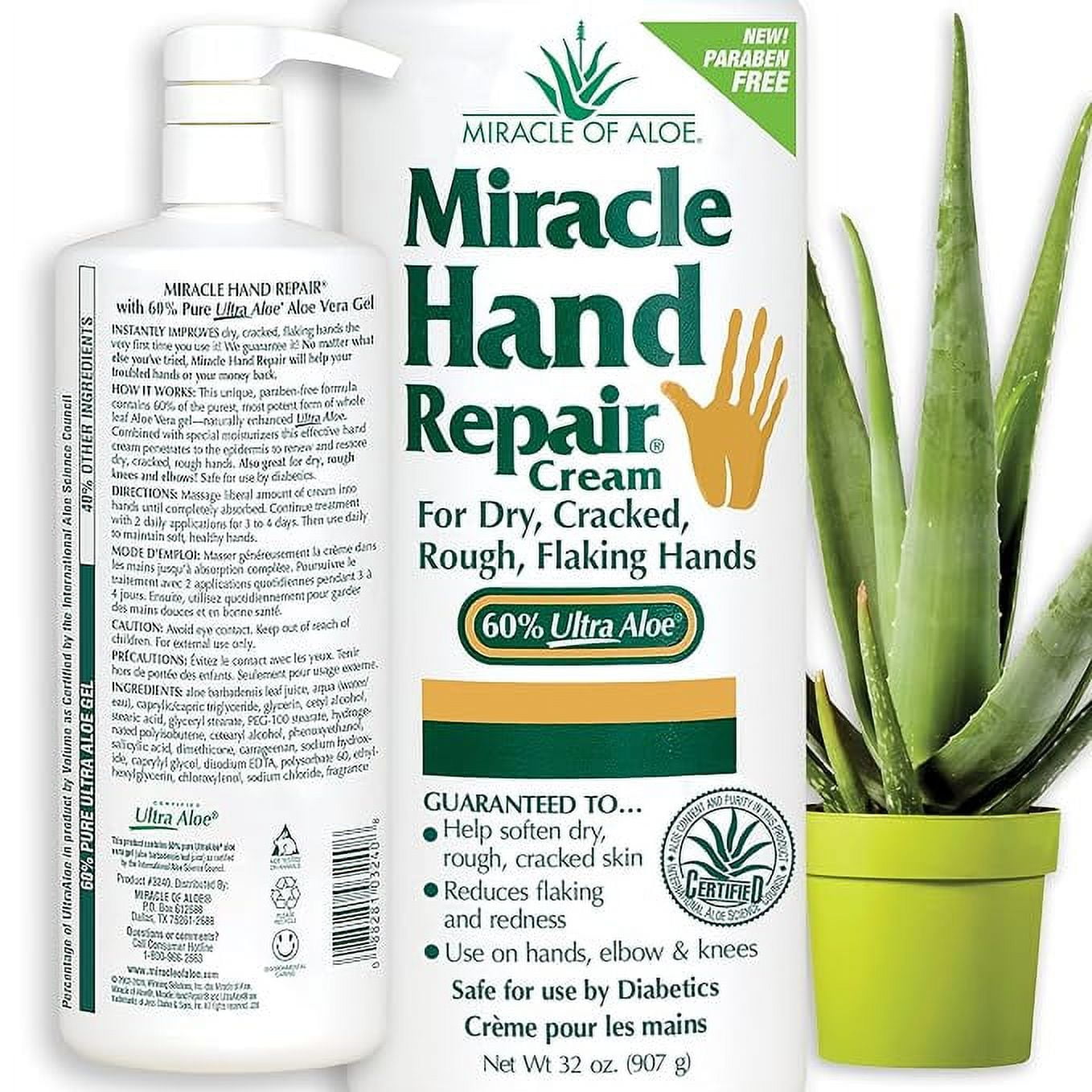 Miracle of Aloe Miracle Hand Repair Cream 32 oz  with pump- Healing Aloe Vera Lotion for Dry, Cracked Hands with 60% Ultra Aloe Gel - Moisturizes, Softens, and Repairs - Non-Greasy, Lightly Scented