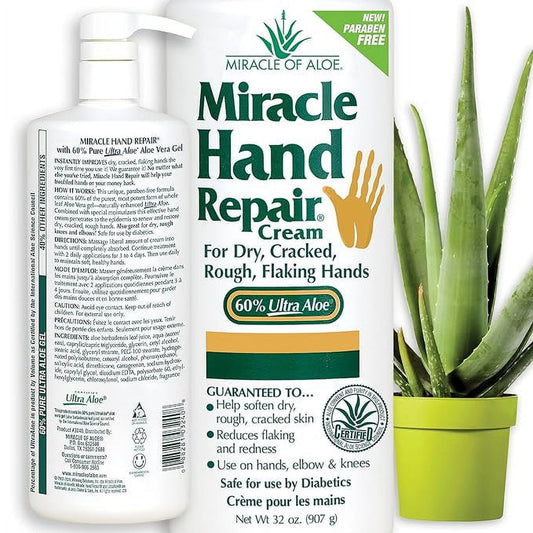 Miracle of Aloe Miracle Hand Repair Cream 32 oz  with pump- Healing Aloe Vera Lotion for Dry, Cracked Hands with 60% Ultra Aloe Gel - Moisturizes, Softens, and Repairs - Non-Greasy, Lightly Scented