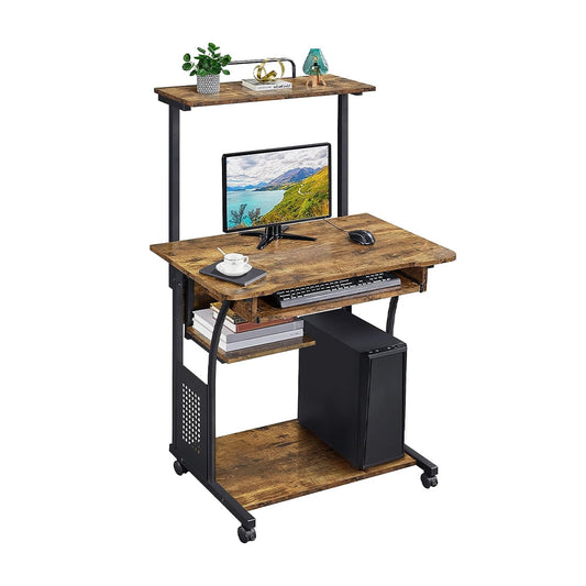 Mobile Computer Desk, Multifunctional Office Desk with Printer Shelf and Keyboard Tray, Rolling Study Table Workstation, Brown