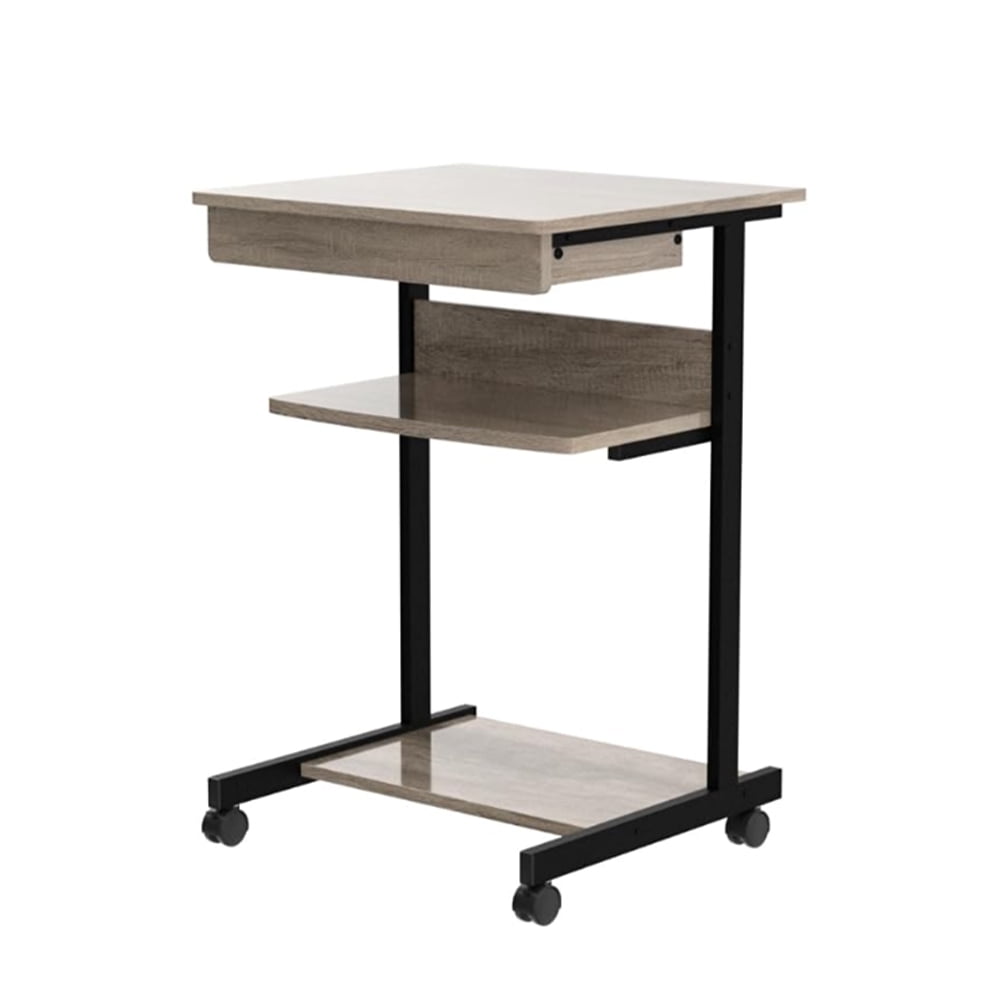 Mobile Computer Desk, Office Table Writing Table with Drawers and Printer Shelf, Workstation with Open Shelves and Wheels, Grey