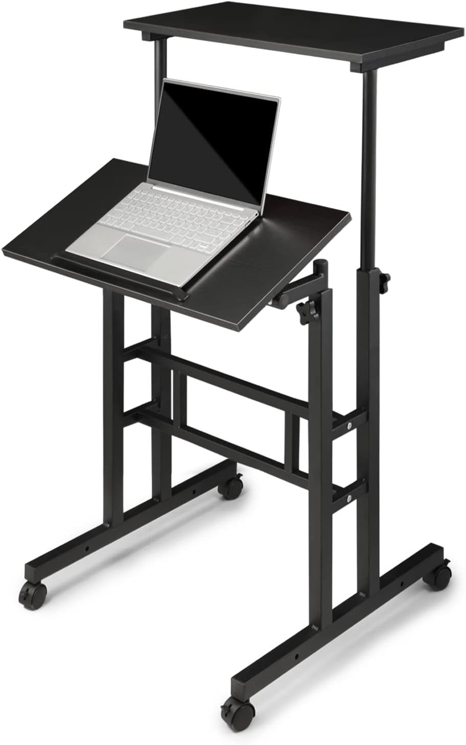 Mobile Standing Desk Height Adjustable Stand Up Laptop Workstation Black Table with Wheels for Home Office Classroom