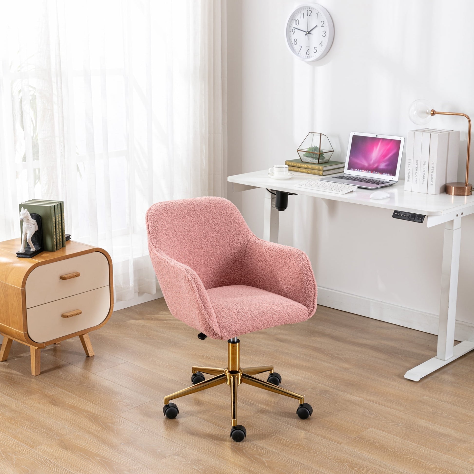 Modern Teddy Home Office Chair Swivel Desk Chair Adjustable Accent Armchair Upholstered Modern Desk Chair with Gold Base Ergonomic Study Seat Vanity Stools for Living Room Bedroom, Pink