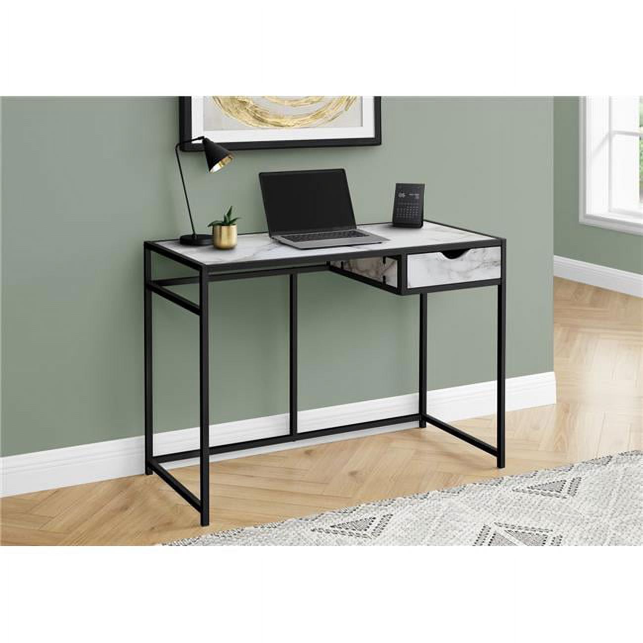 Monarch Specialties I 7571 42 in. Metal Computer Desk, White Marble-Look - Black