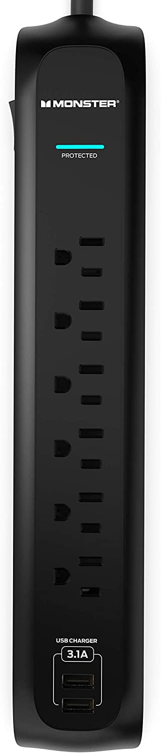 Monster 6ft Black Power Strip and Tower Surge Protector, Heavy Duty Protection for with 1200 Joule Rating, 6 120V-Outlets, and 2 USB-A Ports- Ideal for Computers, Home Theatre, Home Appliances,