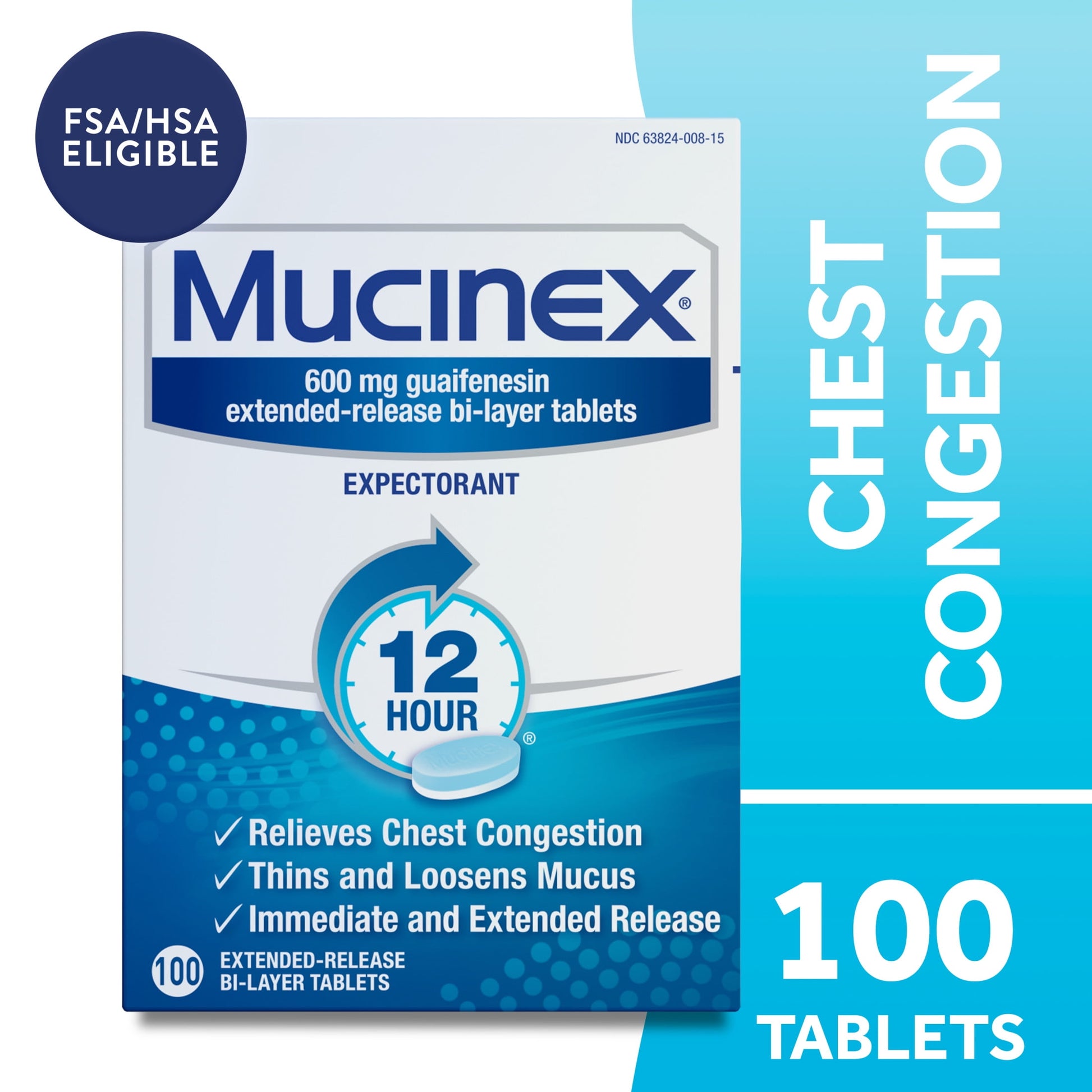 Mucinex 12 Hour Expectorant, OTC Medicine for Excess Mucus Relief, Chest Congestion, 100 Tablets