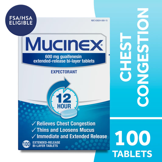 Mucinex 12 Hour Expectorant, OTC Medicine for Excess Mucus Relief, Chest Congestion, 100 Tablets