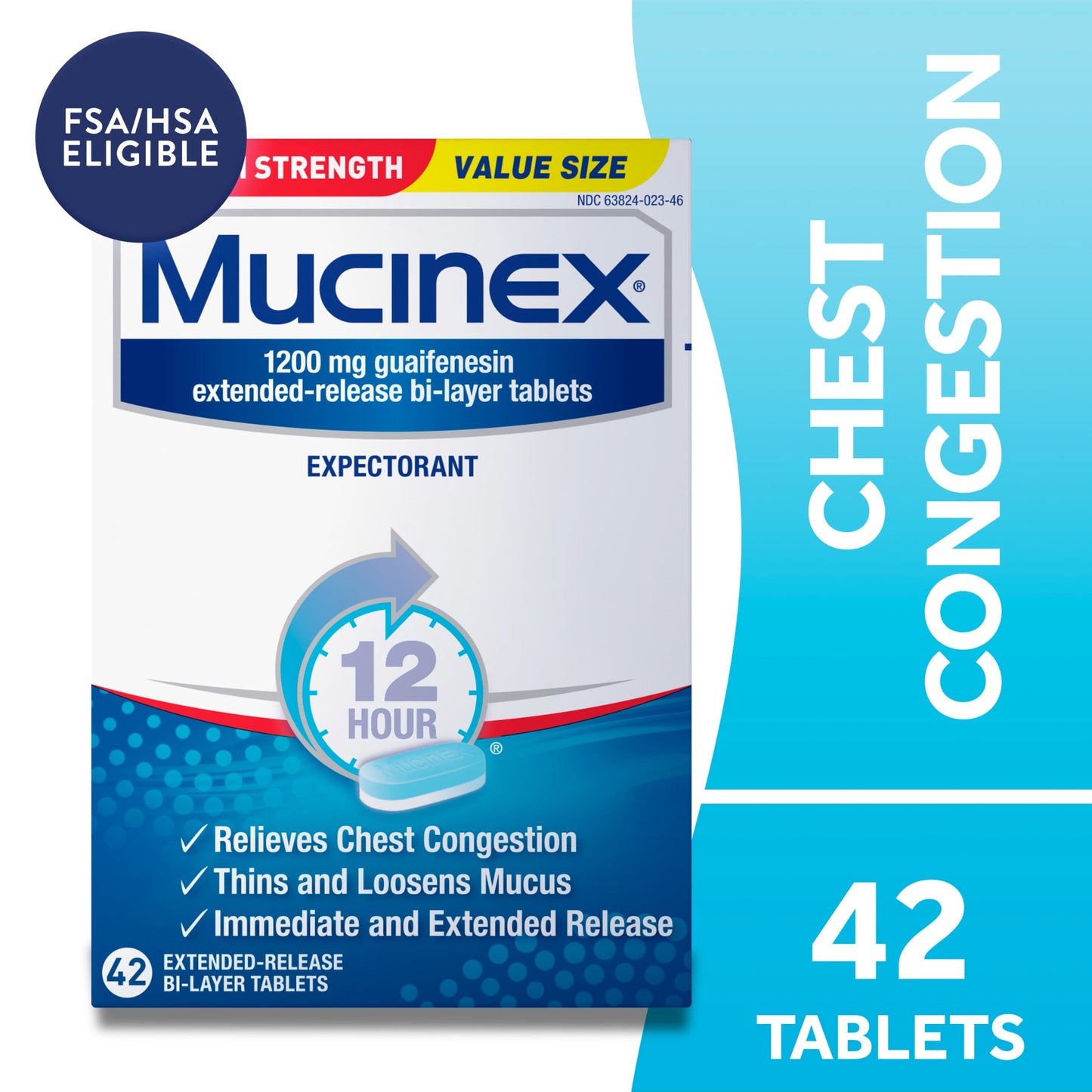 Mucinex 12 Hour Max Strength Expectorant, OTC Medicine for Excess Mucus Relief, FSA/HSA, 42 Tablets