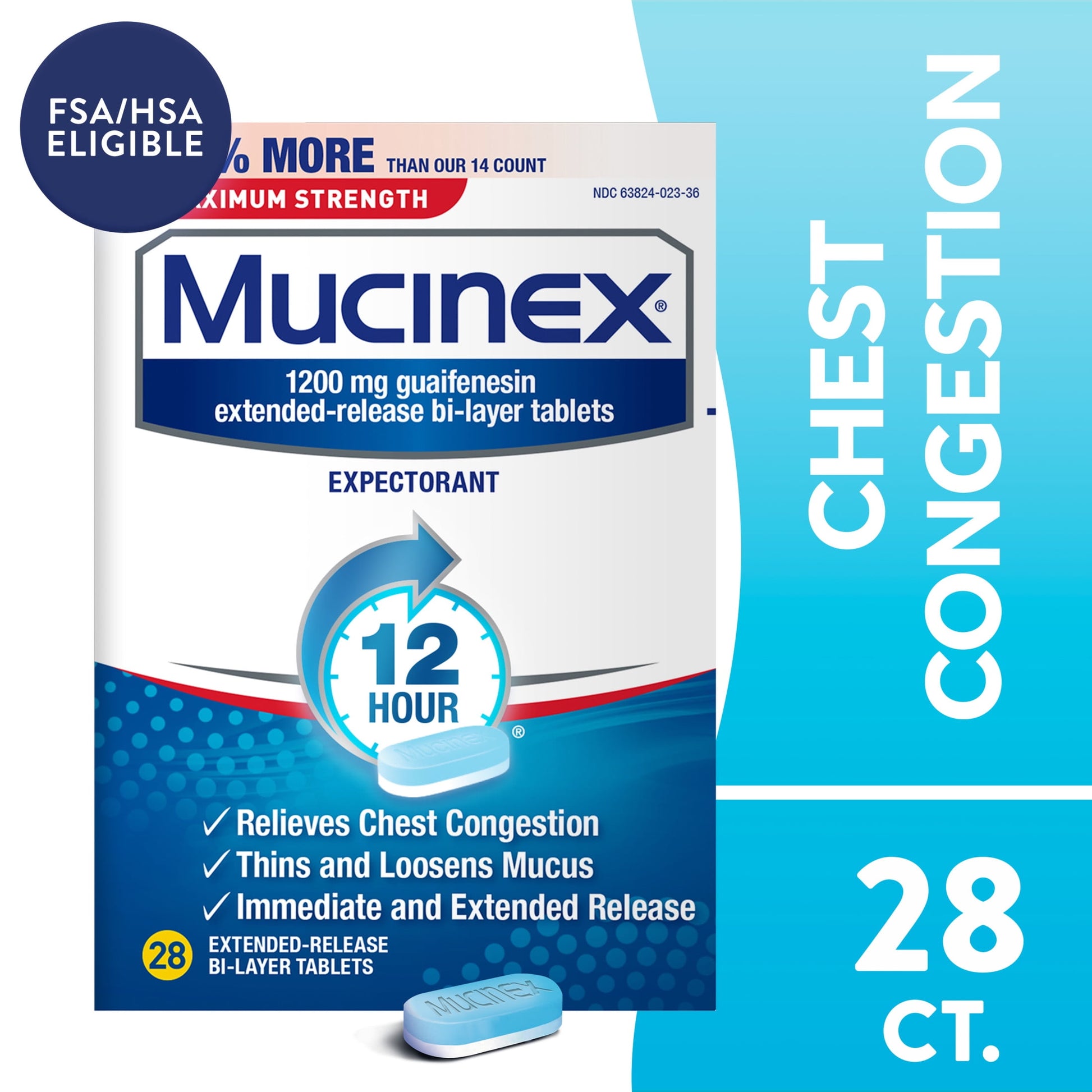 Mucinex 12 Hour Max Strength Expectorant, OTC Medicine for Excess Mucus Relief, FSA/HSA, 28 Tablets